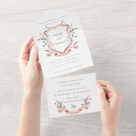 ピンクのワイルドフラワーウォーターカラーモノグラム結婚クレスト オールインワン招待状