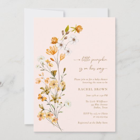 ピンクのワイルドフラワーカボチャの女の子の赤ちゃんシャワー 招待状 (正面)