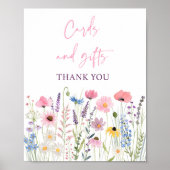 ピンクのワイルドフラワーカードとギフト赤ちゃんシャワーのサイン ポスター (正面)