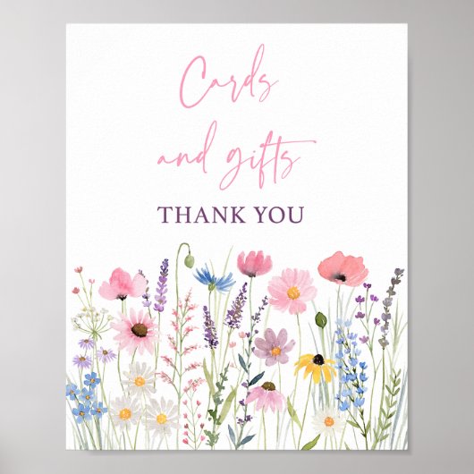 ピンクのワイルドフラワーカードとギフト赤ちゃんシャワーのサイン ポスター (正面)