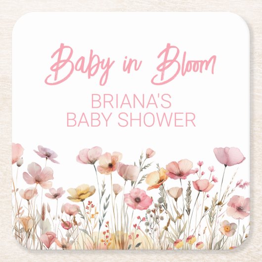 ピンクのワイルドフラワーガールベビーシャワー スクエアペーパーコースター (正面)