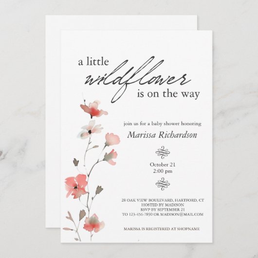 ピンクのワイルドフラワーガールベビーシャワー 招待状 (正面/裏面)