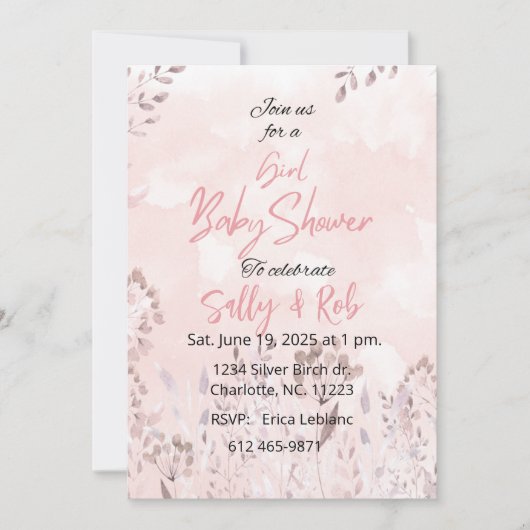 ピンクのワイルドフラワーガールベビーシャワー 招待状 (正面)