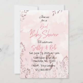 ピンクのワイルドフラワーガールベビーシャワー 招待状