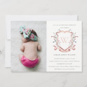 ピンクのワイルドフラワークレスト写真最初の聖餐式 招待状 (正面)