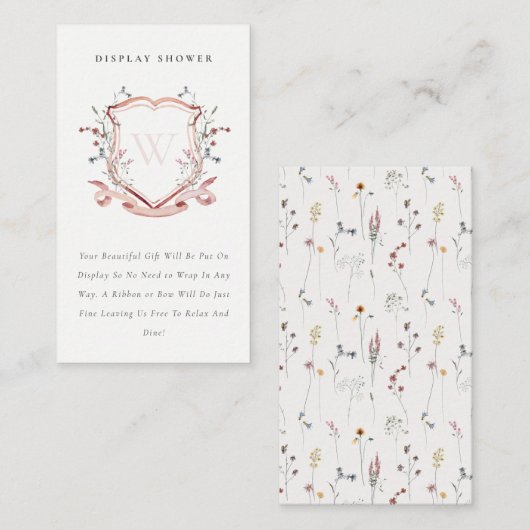 ピンクのワイルドフラワークレスト表示シャワー赤ちゃんシャワー エンクロージャーカード (正面/裏面)