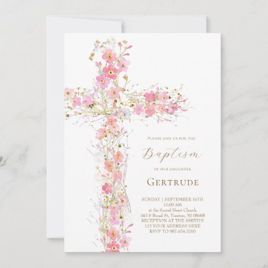 ピンクのワイルドフラワークロスのバプテスマ招待状 招待状 (正面)