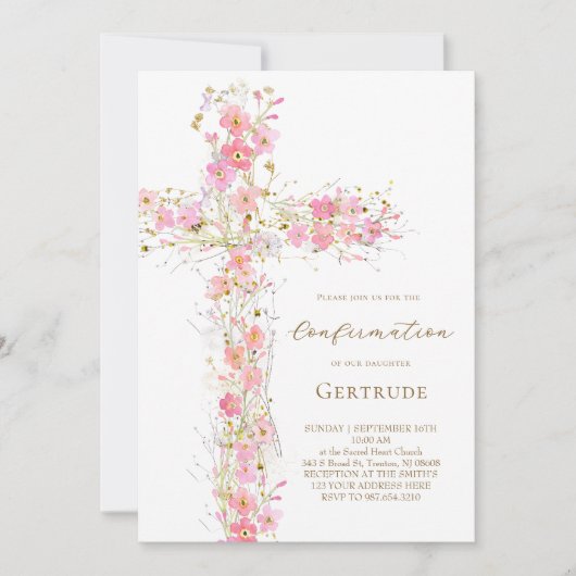 ピンクのワイルドフラワークロス確認 招待状 (正面)