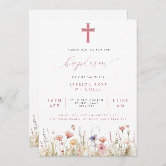 ピンクのワイルドフラワークロス&スクリプトバプテスマ 招待状 (正面/裏面)