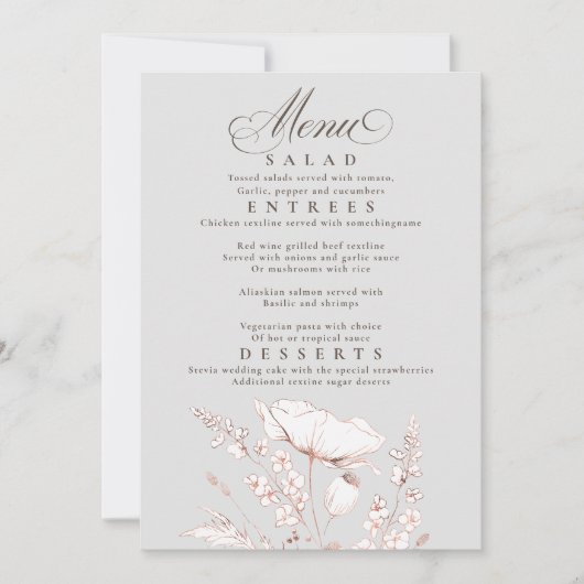 ピンクのワイルドフラワーグレーと白結婚のメニュー 招待状 (正面)