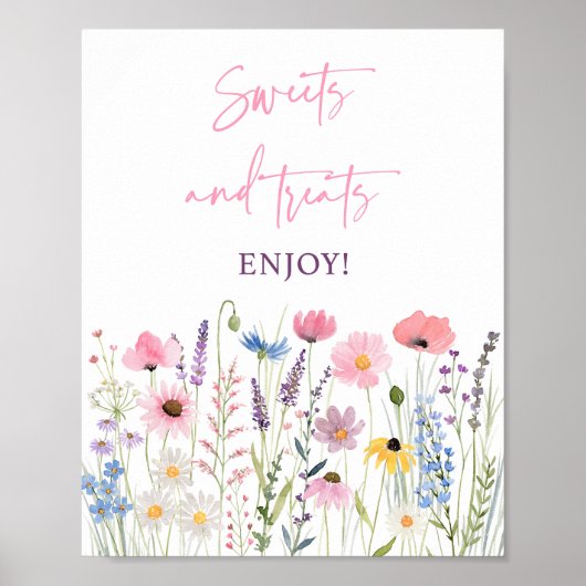 ピンクのワイルドフラワースウィートトリートベビーシャワーサイン ポスター (正面)