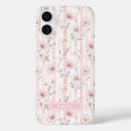 ピンクのワイルドフラワーストライプのイニシャル入り iPhone 16 PLUSケース