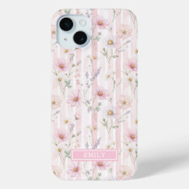 ピンクのワイルドフラワーストライプのイニシャル入り iPhone 15 MINIケース