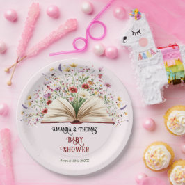 ピンクのワイルドフラワーストーリーブックブルーベビーシャワー ペーパープレート