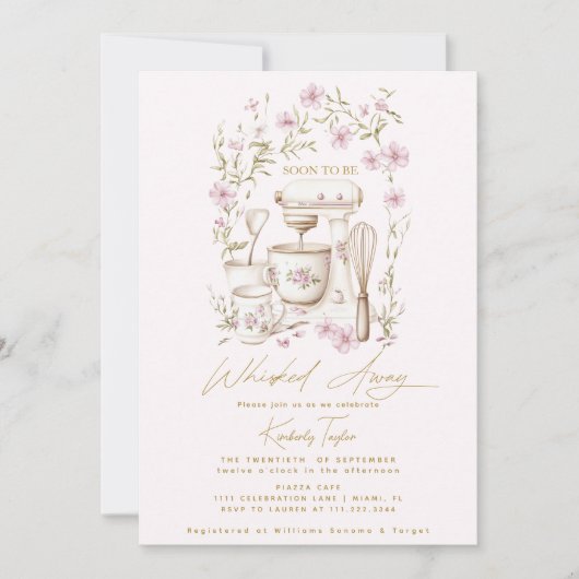 ピンクのワイルドフラワーズウィスク遠くにブライダルシャワー 招待状 (正面)