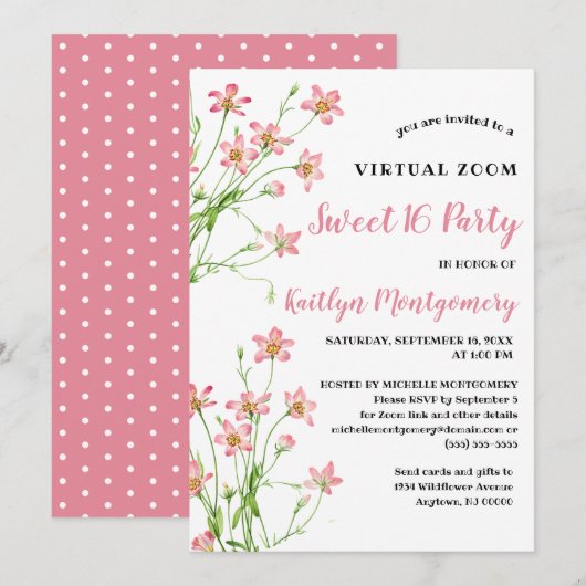 ピンクのワイルドフラワーズ バーチャル スイート 16 誕生日パーティー 招待状 (正面/裏面)