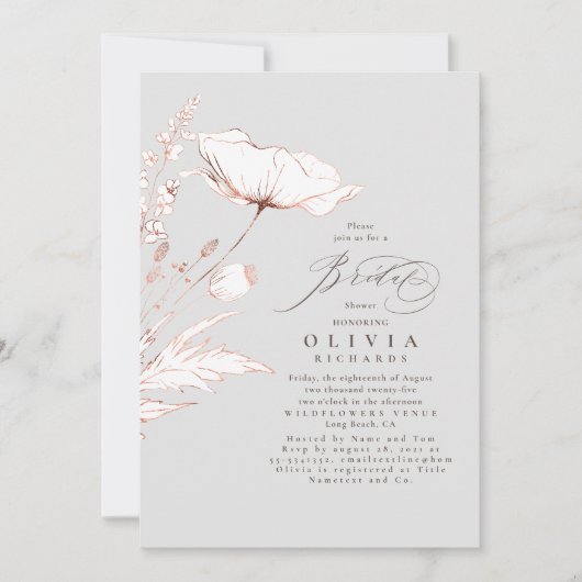 ピンクのワイルドフラワーズ ライトグレー シックなブライダルシャワー 招待状 (正面)