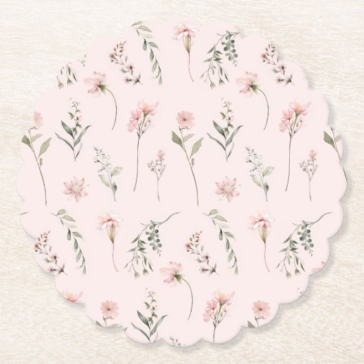 ピンクのワイルドフラワーセージ緑の緑の赤ちゃんシャワー ペーパーコースター (正面)