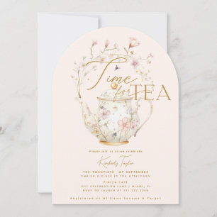 ピンクのワイルドフラワータイムのお茶のブライダルシャワーパーティー 招待状