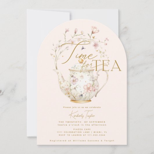 ピンクのワイルドフラワータイムのお茶のブライダルシャワーパーティー 招待状 (正面)