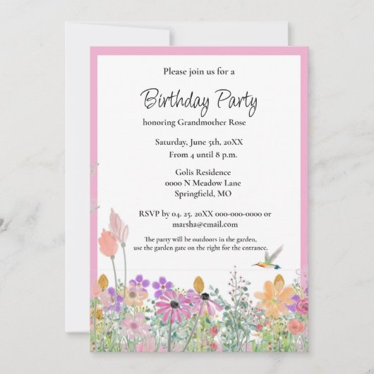 ピンクのワイルドフラワーバースデーパーティーの招待 招待状 (正面)