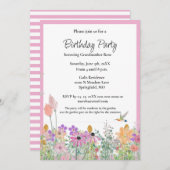 ピンクのワイルドフラワーバースデーパーティーの招待 招待状 (正面/裏面)