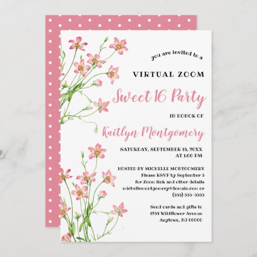 ピンクのワイルドフラワーバーチャル甘い16誕生日パーティー 招待状 (正面/裏面)
