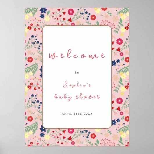 ピンクのワイルドフラワーフレームガールベビーシャワーへようこそ ポスター (正面)