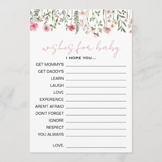 ピンクのワイルドフラワーフローラの赤ちゃんシャワーベビーの願い アドバイスカード (正面)
