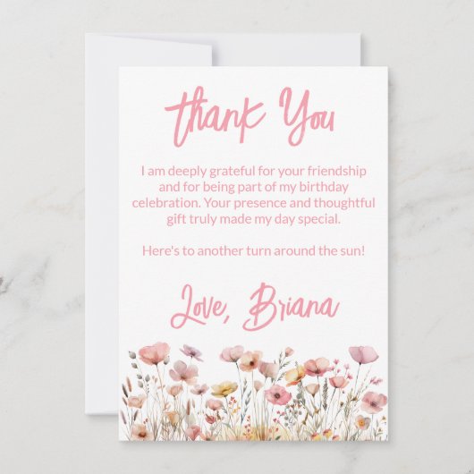 ピンクのワイルドフラワーフローラサンキューカード 招待状 (正面)