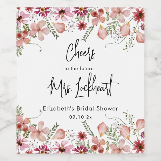 ピンクのワイルドフラワーブライダルシャワーの好意ワインラベル ワインラベル (シングルラベル)