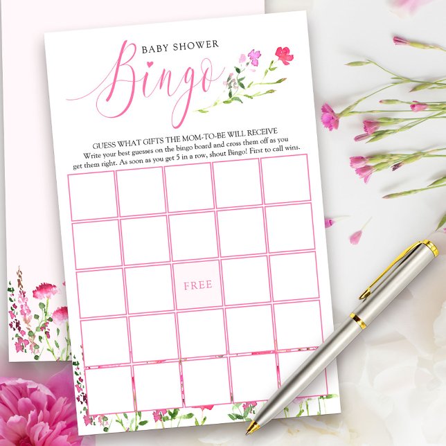 ピンクのワイルドフラワーベビーシャワービンゴゲーム (Bingo Game Cards from my Pink Wildflower Collection. Message me to create co-ordinating items.)