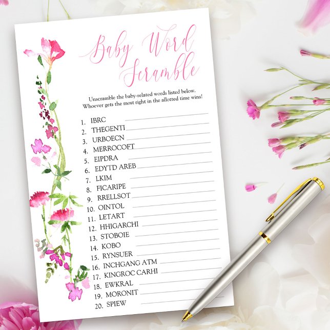 ピンクのワイルドフラワーベビー単語スクランブルシャワーゲーム (Baby Shower Game Cards from my Pink Wildflower Collection. Message me to create co-ordinating items.)