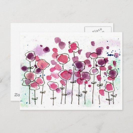 ピンクのワイルドフラワーメドウ水彩の花 ポストカード (正面/裏面)