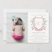 ピンクのワイルドフラワーモノグラムクレスト写真バプテスマ 招待状 (正面)