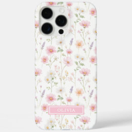 ピンクのワイルドフラワー水彩モノグラム iPhone 16 PRO MAXケース