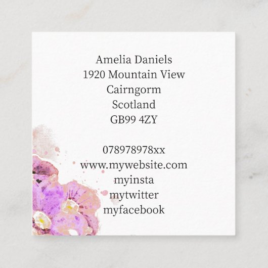 ピンクのワイルドフラワー水彩名刺 スクエア名刺 (裏面)