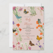 ピンクのワイルドフラワー蝶の赤ちゃんシャワー 招待状 (正面)