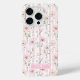 ピンクのワイルドフラワー ストライプ モノグラム iPhone 15 PROケース