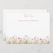 ピンクのワイルドフラワー ブライダルシャワー サンキューカード (正面/裏面)