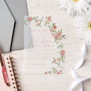 ピンクのワイルドフラワー ローズ スプリング ガーランド ウェディング ベラム紙招待状