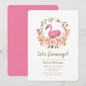 ピンクのワイルドフラワー ローズ フレア フラミンゴ ベビーシャワー 招待状 (正面/裏面)