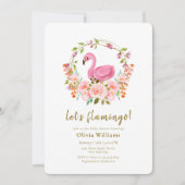 ピンクのワイルドフラワー ローズ フレア フラミンゴ ベビーシャワー 招待状 (正面)