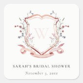 ピンクのワイルドフラワー・水彩画の紋章 ブライダルシャワー スクエアシール (正面)