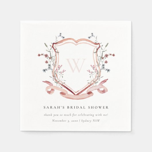 ピンクのワイルドフラワー・水彩画の紋章 ブライダルシャワー スタンダードカクテルナプキン (正面)