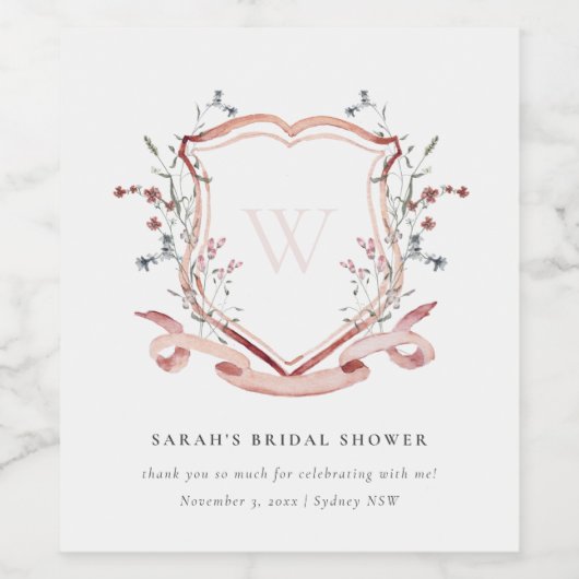 ピンクのワイルドフラワー・水彩画の紋章 ブライダルシャワー ワインラベル (シングルラベル)