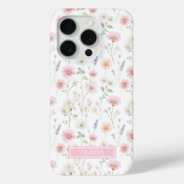 ピンクのワイルドフラワー・水彩・イニシャル入り iPhone 15 PROケース