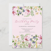 ピンクのワイルドフラワー 花の誕生日招待状 招待状 (正面)
