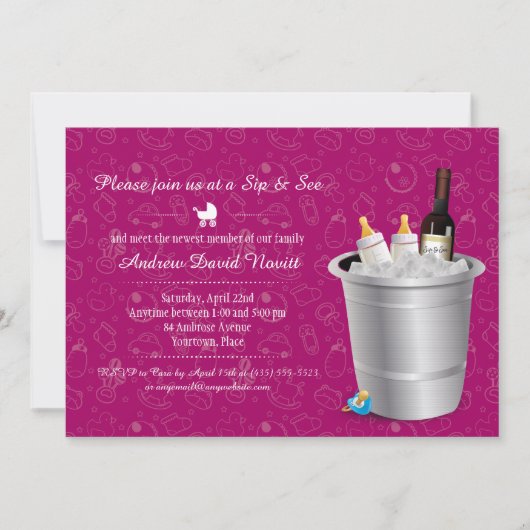 ピンクのワインとベビーのボトルsipと参照ベビーシャワー 招待状 (正面)