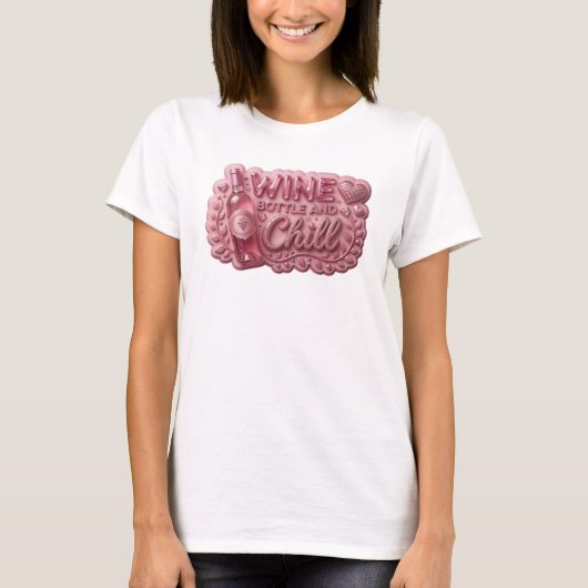 ピンクのワインボトルでお休みデザイナーアート Tシャツ (正面)